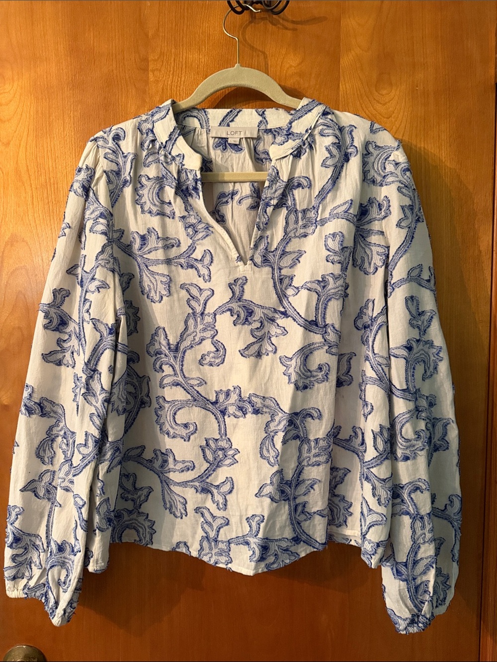 LOFT White Tunic Top with Blue Floral Scroll Print
